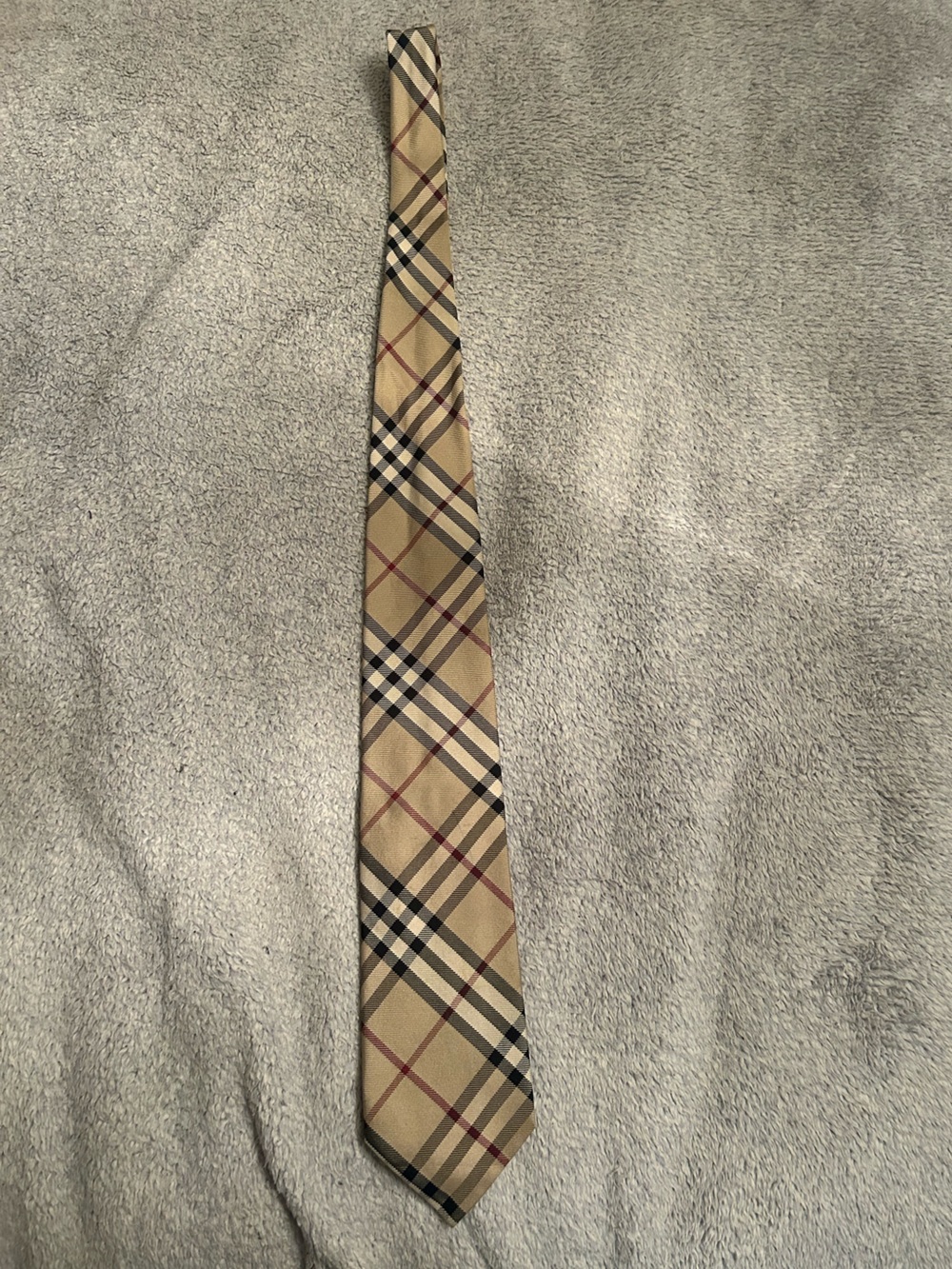 Burberry Beige Plaid Silk Tie with Black and Red Accents